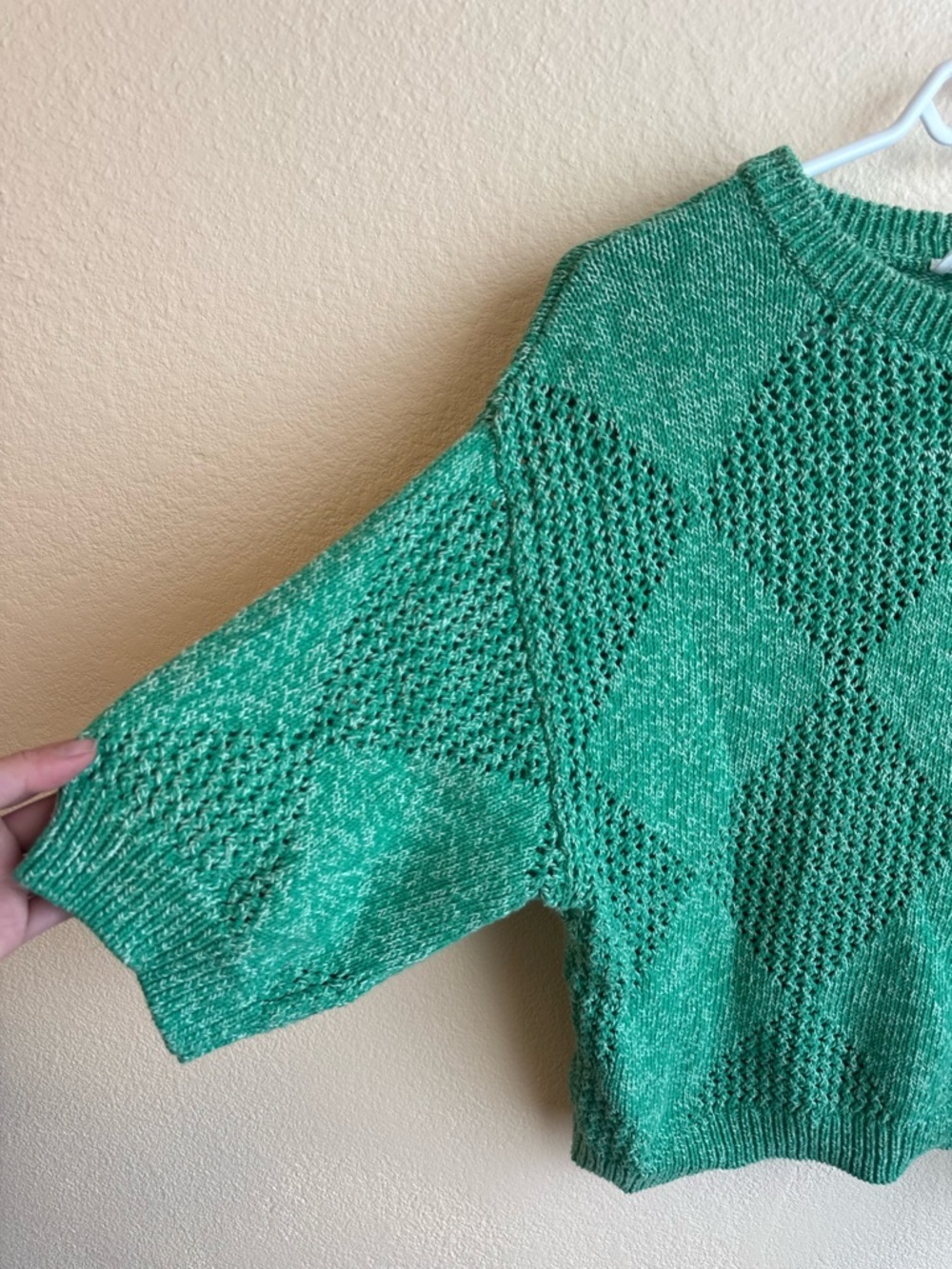 Hudson North Green Knit Sweater Top Argyle Open Knit 3/4 Sleeve Lightweight Crop - Picture 4 of 8